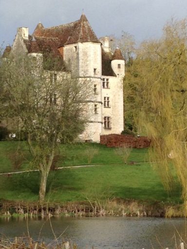 Château en pierre avec un toit en tuiles, entouré d'un jardin verdoyant et d'un plan d'eau.