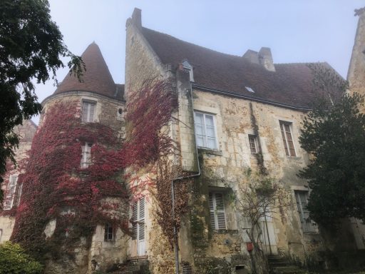 Maison en pierre avec des lierres rouges, entourée de végétation, atmosphère calme.