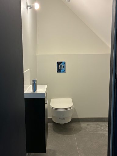 Salle de bain moderne avec WC, lavabo et mur incliné.