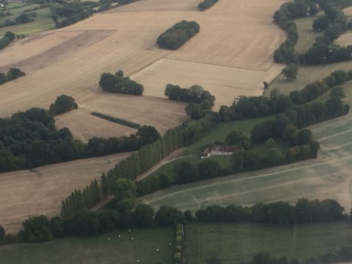 Vue aérienne de champs et de forêts, avec une petite maison visible au centre.